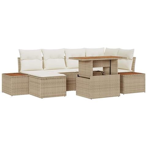 Set da pranzo da giardino 7 pezzi con cuscini beige in polirattan e acacia - Foto 1