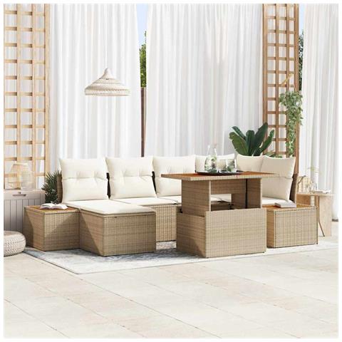 Set da pranzo da giardino 7 pezzi con cuscini beige in polirattan e acacia - Foto 2