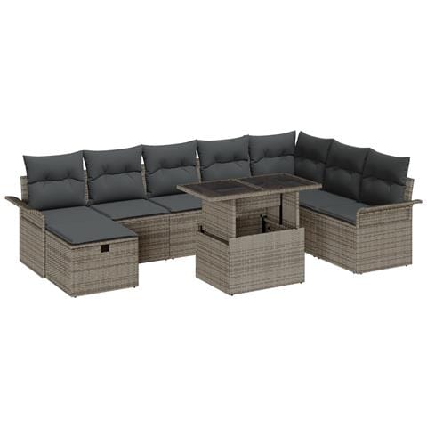 Set di Divani da Giardino da 9 Pezzi con Cuscini Grigio in Polyrattan - Foto 1