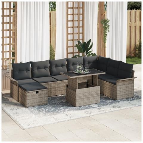 Set di Divani da Giardino da 9 Pezzi con Cuscini Grigio in Polyrattan - Foto 2