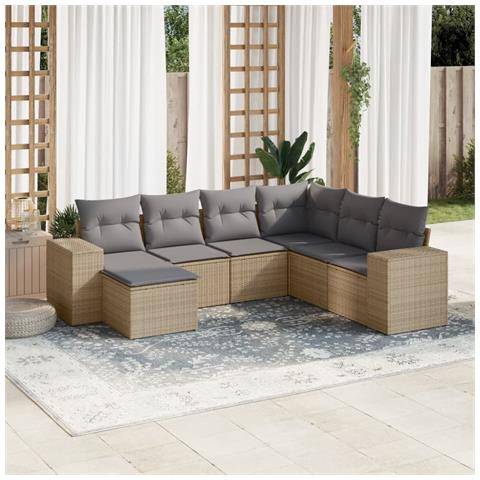 Set Divani da Giardino 7 pz con Cuscini Beige in Polyrattan - Foto 2
