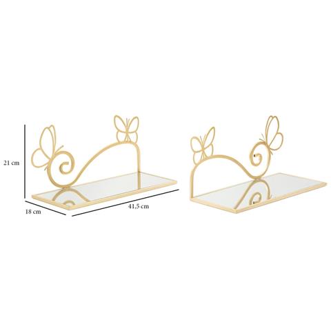 Comodino Mensola Da Parete Butterfly Con Specchio Dorato — Coppia 41,5x18x21 Cm - Foto 7