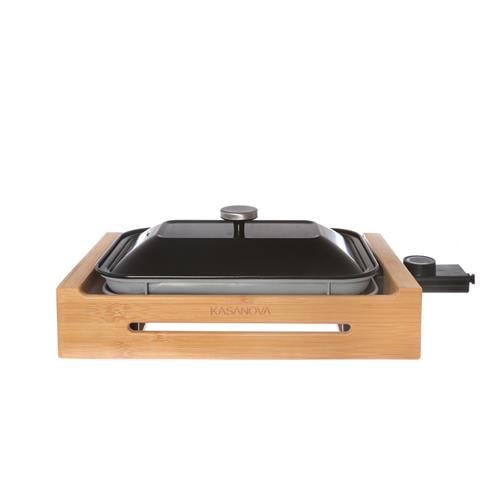 KASANOVA Grill Elettrico con Coperchio Potenza 1200 Watt Termostato Piastra 30 x 20 cm Base in Bambù KASANOVA Grill Elettrico con Coperchio Potenza 1200 Watt Termostato Piastra 30 x 20 cm Base in Bambù