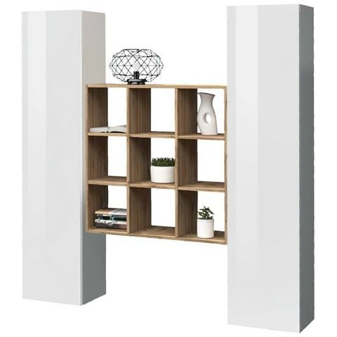 Credenza Fausto, Set Da Soggiorno A 2 Ante E Ripiani, Buffet Da Soggiorno, Madia Da Cucina, 100% Made In Italy, Cm 170x30h180, Bianco Lucido E Acero - Foto 4
