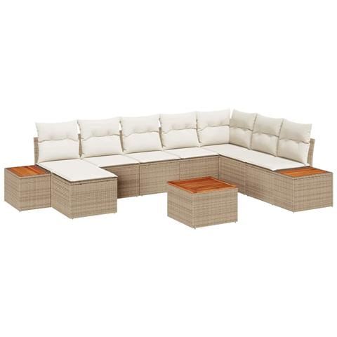 Set di divani da giardino 9 pezzi con cuscini Beige Polirattan Acacia - Foto 1