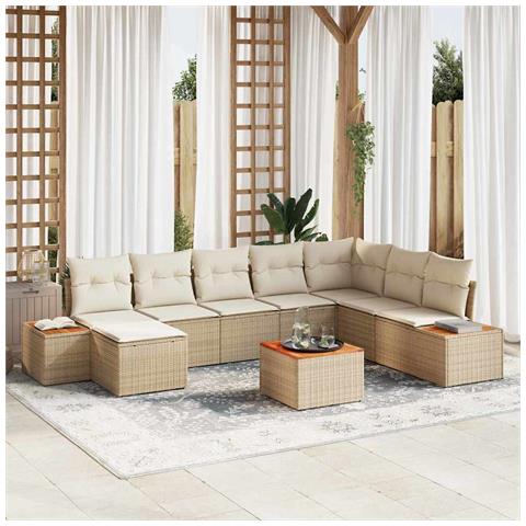 Set di divani da giardino 9 pezzi con cuscini Beige Polirattan Acacia - Foto 2