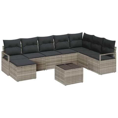 Set divano da giardino  8 pezzi con cuscini grigio rattan polipropilene, Divano da giardino  2 posti con cuscini grigio rattan polipropilene - Foto 1