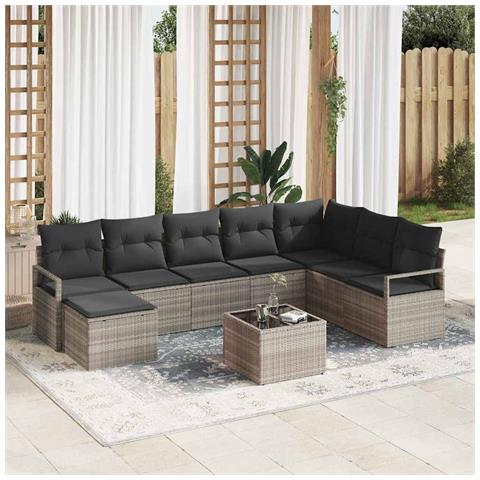 Set divano da giardino  8 pezzi con cuscini grigio rattan polipropilene, Divano da giardino  2 posti con cuscini grigio rattan polipropilene - Foto 2