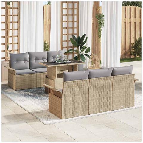 Set Divano da Giardino 7 Pezzi con Cuscini Beige Polirattan , Divano Giardino 2 Posti con Storage & Cuscini Beige Polirattan - Foto 2
