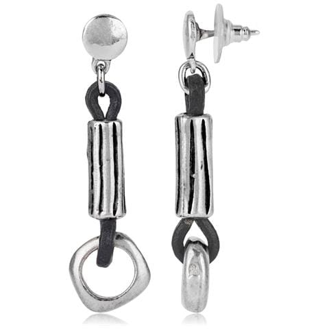 Orecchino In Argento Con Pelle Placcata Argento E Pelle Nera. - Foto 1