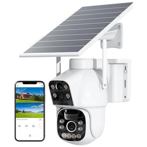 Telecamera Solare Esterno Con Sim Doppio Obiettivo, 15600mah Batteria 8w Pannello Solare Telecamere Senza Fili Dual-pir Rilevamento Umano Visione Notturna Pc /cloud /ip66-no Wifi - Foto 1
