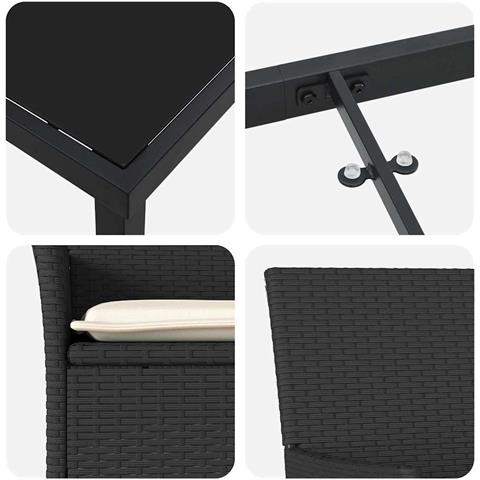 Set da Pranzo per Giardino con cuscino 3 pcs Nero Poly Rattan - Foto 9