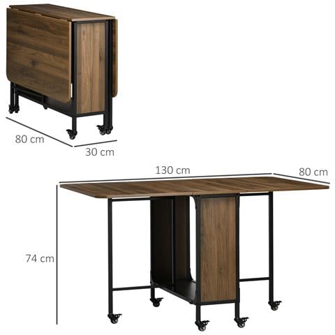 Tavolo Pieghevole Con 6 Ruote E Mensola Stile Industriale In Legno E Metallo, Marrone Chiaro - Foto 2