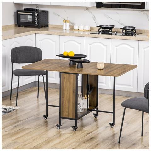 Tavolo Pieghevole Con 6 Ruote E Mensola Stile Industriale In Legno E Metallo, Marrone Chiaro - Foto 6