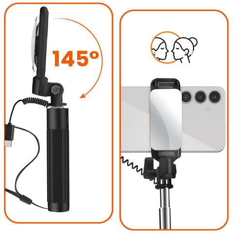 Selfie Stick Usb-c Con Specchietto Integrato E Tasto Otturatore, Nero - Foto 5
