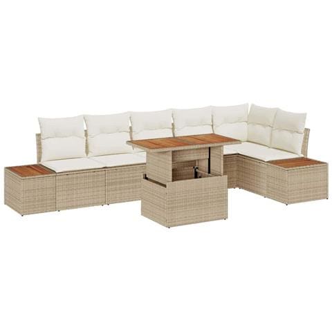 Set da Pranzo da Giardino 7 Pezzi con Cuscini Beige in Poly Rattan e Acacia - Foto 1