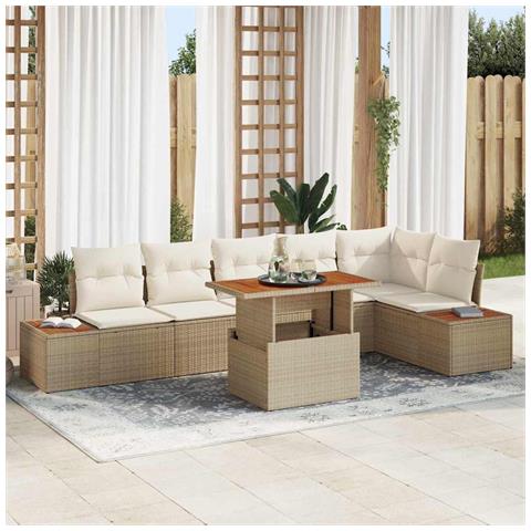 Set da Pranzo da Giardino 7 Pezzi con Cuscini Beige in Poly Rattan e Acacia - Foto 2