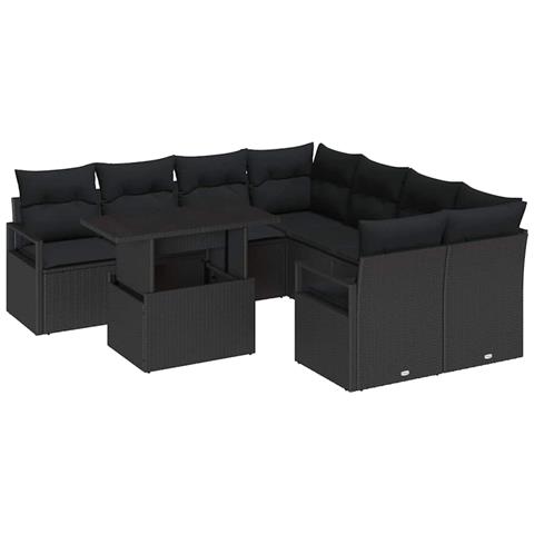 Set di divani da giardino  9 pezzi con cuscini in poly rattan nero, Divano da giardino 2 posti  con stoccaggio e cuscini in poly rattan nero - Foto 1