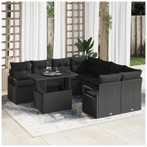 Set di divani da giardino  9 pezzi con cuscini in poly rattan nero, Divano da giardino 2 posti  con stoccaggio e cuscini in poly rattan nero - Foto 2