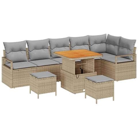 Set di Divani da Giardino 9 Pezzi con Cuscini Beige Polirattan Acacia, Divano da Giardino 2 Posti con Cuscini Beige Polirattan, Set da Pranzo da Giardino 3 Pezzi con Cuscini Beige Polirattan Acacia - Foto 1