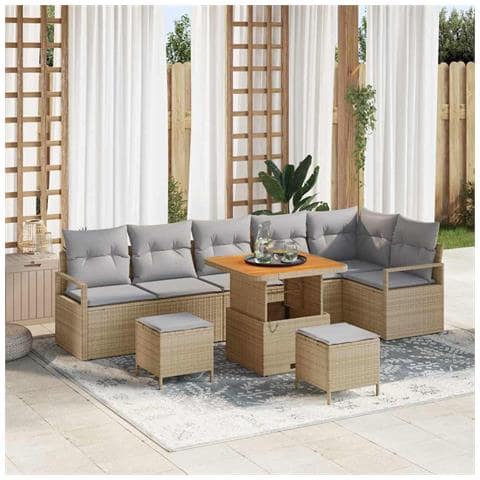 Set di Divani da Giardino 9 Pezzi con Cuscini Beige Polirattan Acacia, Divano da Giardino 2 Posti con Cuscini Beige Polirattan, Set da Pranzo da Giardino 3 Pezzi con Cuscini Beige Polirattan Acacia - Foto 2