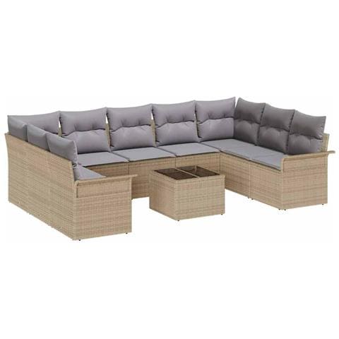 Set Divano Giardino 10 Pezzi con Cuscini Polyrattan Nero, Divano Giardino 2 Posti con Riserva e Cuscini Polyrattan Beige - Foto 1