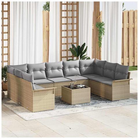 Set Divano Giardino 10 Pezzi con Cuscini Polyrattan Nero, Divano Giardino 2 Posti con Riserva e Cuscini Polyrattan Beige - Foto 2