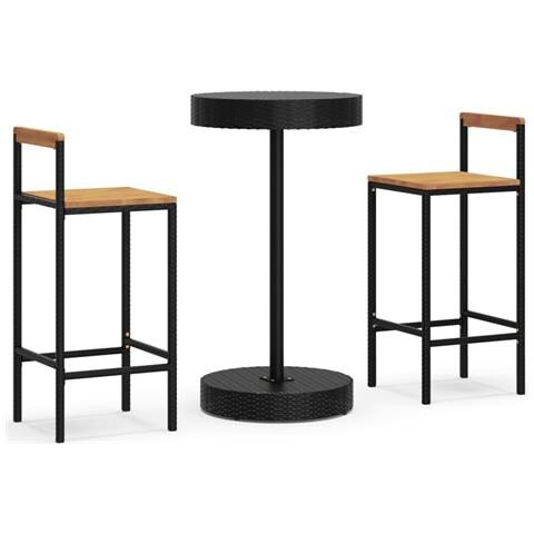 Set Bar Giardino 3 pz Nero Polyrattan e Legno Massello Acacia - Foto 1