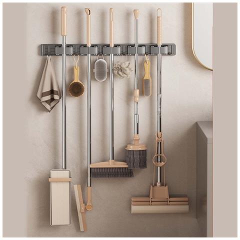 Porta Scope Da Parete Argento 50cm Compatibile Con Mop E Scopa Organizzatore, 4 Clip 5 Ganci, Alluminio Spaziale X Abs - Foto 2