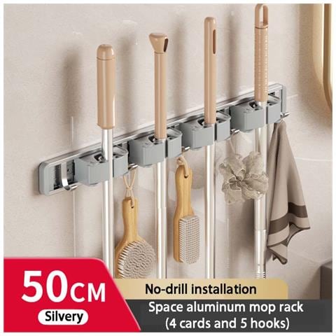 Porta Scope Da Parete Argento 50cm Compatibile Con Mop E Scopa Organizzatore, 4 Clip 5 Ganci, Alluminio Spaziale X Abs - Foto 6