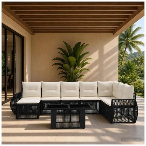 Set Divano da Giardino 9 pz Nero e Bianco Crema polyrattan - Foto 10
