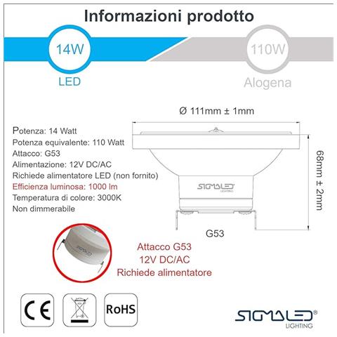 Pack 5 Pezzi Faretto Led Ar111 G53 14w (equivalente 110w Alogena) - Luce Led Bianca Naturake 4000k - 1000 Lumens - 12v Ac /dc - Spot Led Ar111 A Basso Consumo - Foto 7