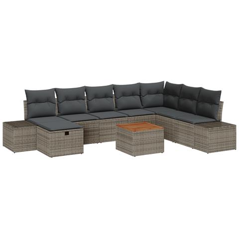 Set di Divani da Giardino da 9 Pezzi con Cuscini Grigio Polyrattan - Foto 1