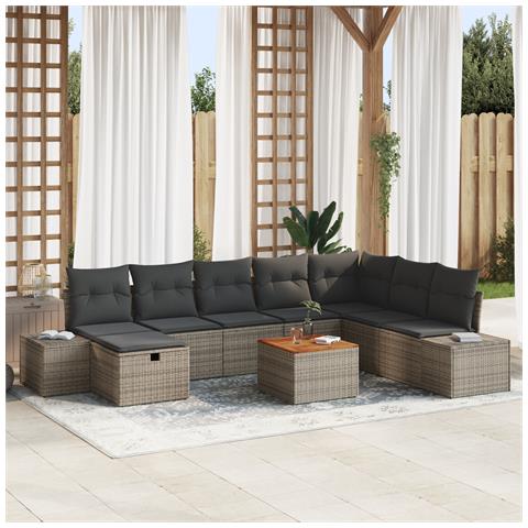 Set di Divani da Giardino da 9 Pezzi con Cuscini Grigio Polyrattan - Foto 2