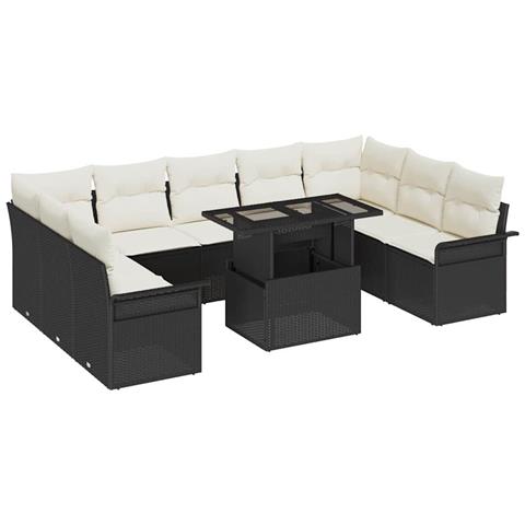 Set divano giardino 10 pezzi con cuscini polyrattan nero, Divano giardino 2 posti con spazio di stoccaggio e cuscini polyrattan nero - Foto 1