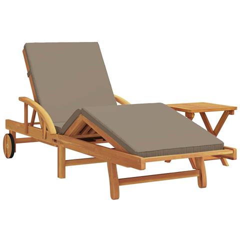 Lettino Prendisole con Cuscino e Tavolo Tortora in Legno Massello di Acacia,  Lettino Prendisole Pieghevole con Ruote e Cuscino Tortora in Legno Massello di Acacia - Foto 1