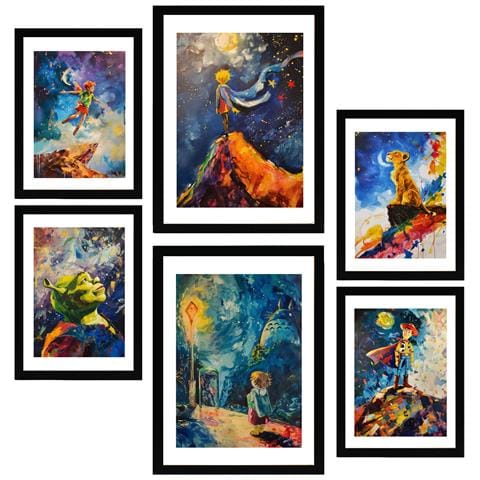 Set Di 6 Stampe Figure Di Bambini Incorniciate Con Illustrazioni Di Design Per Le Pareti Della Tua Stanza Di Casa. Negozio Di Pittura. A3 & A4 Cornice Nera - Foto 1