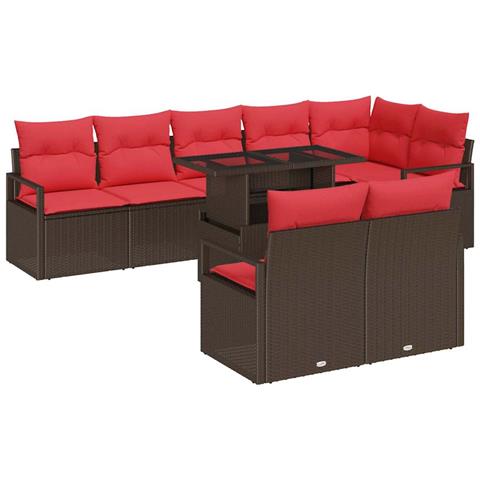 Set Divano da Giardino 9 pcs Marrone e Rosso polyrattan - Foto 1