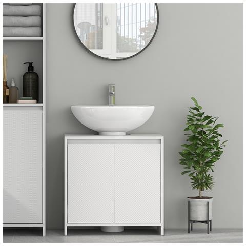Mobile Sottolavabo Bagno con 2 Ante Decorate e Intaglio a U per Tubi, 60x30x60cm, Bianco - Foto 2