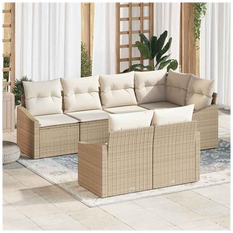 Set da pranzo da giardino 7 pezzi con cuscini beige in polyrattan - Foto 2