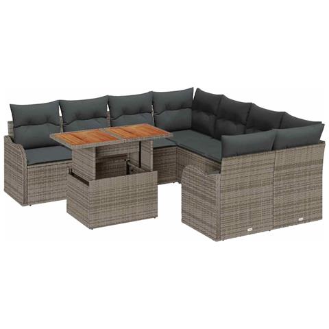Set di divani da giardino  9 pezzi con cuscini in rattan poliestere grigio, Divano da giardino a 2 posti  con scomparti e cuscini in rattan poliestere grigio - Foto 1