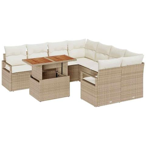 Set di divani da giardino 9 pezzi con cuscini Beige Poly Rattan Acacia, Divano da giardino per 2 persone con cuscini Beige Poly Rattan - Foto 1