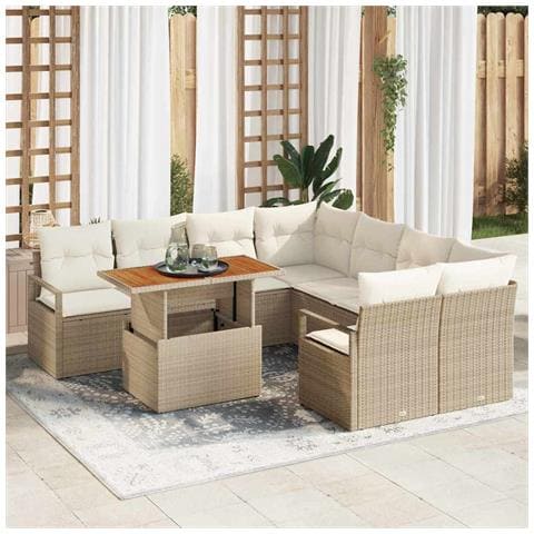 Set di divani da giardino 9 pezzi con cuscini Beige Poly Rattan Acacia, Divano da giardino per 2 persone con cuscini Beige Poly Rattan - Foto 2