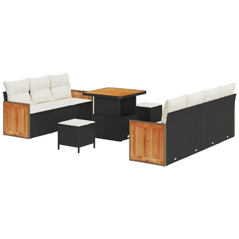 Set Divano Giardino 10 Pezzi con Cuscini Rattan Poliestere Nero Acacia, Set da Pranzo Giardino 3 Pezzi con Cuscini Rattan Poliestere Nero Acacia - Foto 1