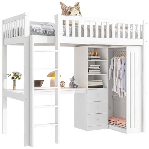 Letto Soppalco In Pino Con Scrivania, Armadio Aperto E 3 Cassetti - Foto 1