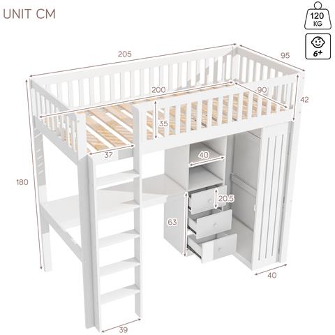 Letto Soppalco In Pino Con Scrivania, Armadio Aperto E 3 Cassetti - Foto 3