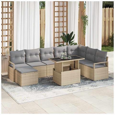 Set di divani da giardino  9 pezzi con cuscini in rattan sintetico beige, Divano da giardino  2 posti con cuscini in rattan sintetico beige - Foto 2