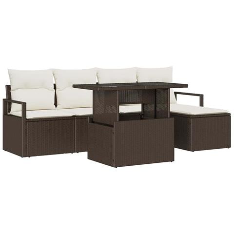 Set divani da giardino  6 pezzi con cuscini Marrone Rattan polietilene, Divano giardino  2 posti con spazio di stoccaggio e cuscini Marrone Rattan polietilene - Foto 1