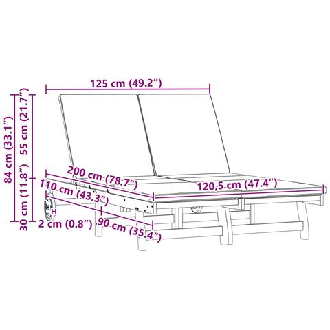 Lettino doppio con ruote e cuscino in legno di acacia - Foto 3