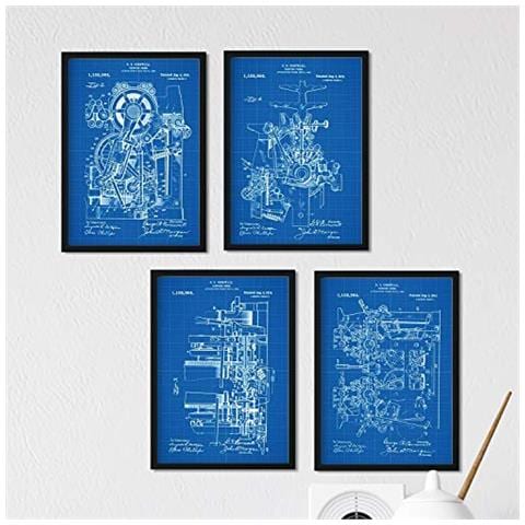Set Di 4 Stampe Blu Fogli Con Imprentas Brevetti. Impostare Manifesti Con Invenzioni E Vecchi Brevetti. Scegli Il Colore Che Gradite Senza Cornice A4 - Foto 1
